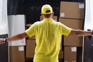 A mover closing the doors on his moving van.